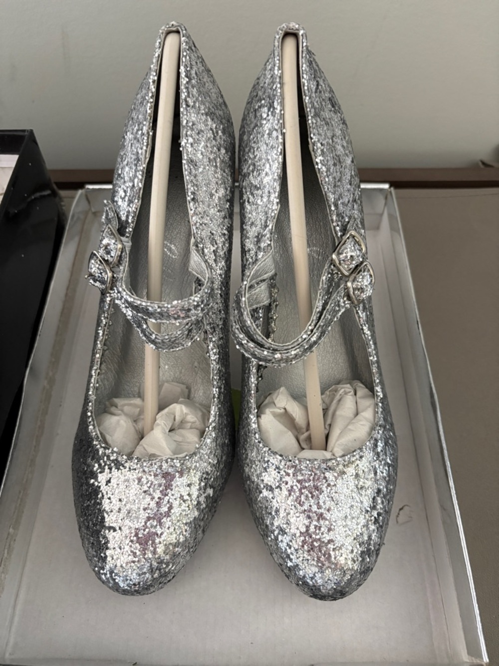 Elle Silver Glitter Mary Jane 4” Heels with Double Buckle